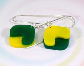 Multi-Colour Acrylic Dangle Earrings, Acrylic Earrings, Silver Earrings, Modern Jewelry, Green Yellow Statement Earrings