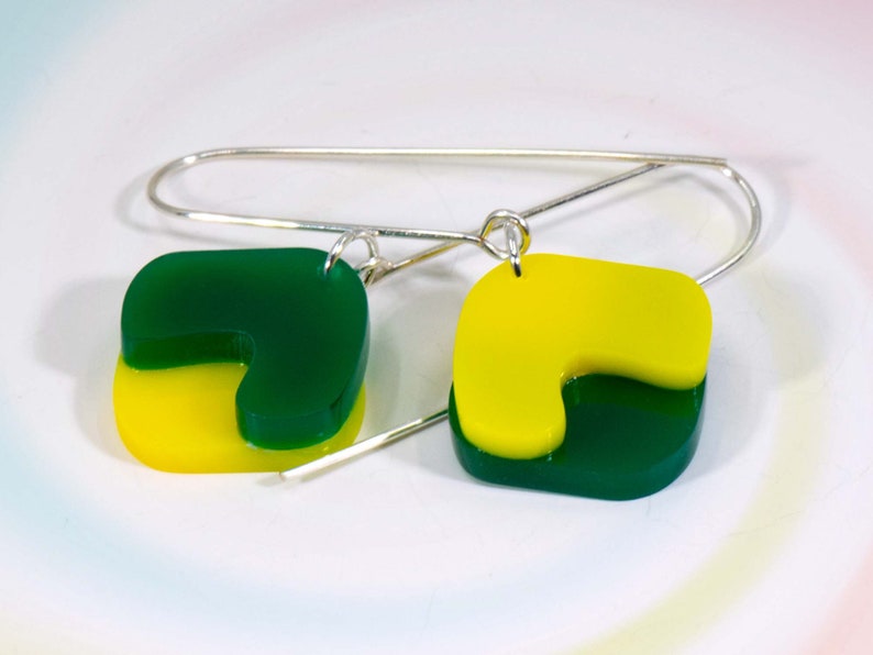 Multi-Colour Acrylic Dangle Earrings, Acrylic Earrings, Silver Earrings, Modern Jewelry, Green Yellow Statement Earrings image 1