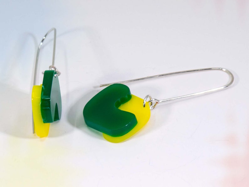 Multi-Colour Acrylic Dangle Earrings, Acrylic Earrings, Silver Earrings, Modern Jewelry, Green Yellow Statement Earrings image 3