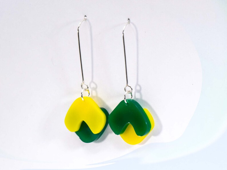 Multi-Colour Acrylic Dangle Earrings, Acrylic Earrings, Silver Earrings, Modern Jewelry, Green Yellow Statement Earrings image 8