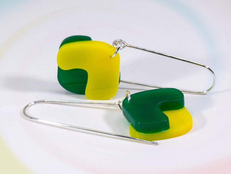 Multi-Colour Acrylic Dangle Earrings, Acrylic Earrings, Silver Earrings, Modern Jewelry, Green Yellow Statement Earrings image 2