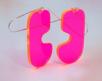 Larger Neon Pink Earrings, Minimalist Jewelry, Blobby Statement Earrings, Sterling Silver Earrings, Acrylic Earrings, Bright Dangle Jewelry