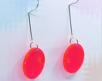 Neon Red Dangle Earrings, Acrylic Earrings, Modern Earrings, Geometric Earrings, Sterling Silver Earrings, Colorful Jewelry