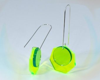 Bright Earrings, Neon Green-Coke Bottle Transparent Earrings, Acrylic Earrings, Sterling Silver, Modern Jewelry, Bold Statement Earrings