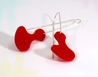 Red Dangle Earrings, Red Acrylic Earrings, Sterling Silver Earrings, Minimalist Earrings, Bold Statement Jewelry