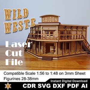 Pliki do grawerowania laserowego Wild West Saloon SVG | DXF | CDR | Ai | Pdf | Kolejka do miniatur 28 mm-35 mm | 1/48 | 1/56 | Wektorowy domek dla lalek