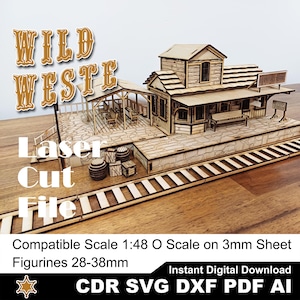 May include: A laser-cut wooden model of a Wild West train station. The model features intricate details, including a two-story building, a covered platform, and a set of train tracks. The text "WILD WESTE" and "Laser Cut File" are displayed. Compatible with 28-38mm figurines.