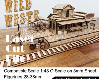 Wild West Train Station Laser Cut Engraving files Railway O scaled for Figures 28mm-35mm Wargaming Terrain Tabletop Scenery | 1:48 | Vector