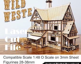 Wild West Lebensmittelgeschäft Cottage Puppenhaus Laser Cut Dateien SVG | DXF | CDR | Ich | Eisenbahn O Skala für Miniaturen 28 mm-35 mm | 1/48 | Vektor