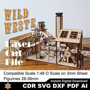 Könnte beinhalten: Ein lasergeschnittenes Holzmodell einer Wildweststadt mit detaillierten Gebäuden, einem gemauerten Schornstein und einem Wasserrad. Die Texte "WILD WESTE" und "Laser Cut File" sind sichtbar. Das Modell ist für 28-38 mm Figuren konzipiert.