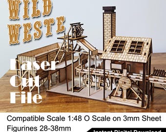 Fabbrica mineraria del selvaggio West, corsa all'oro, file per taglio laser SVG / DXF / CDR / Ai / Pdf / Ferrovia in scala O per miniature 28 mm-35 mm / 1/48 / Vettoriale