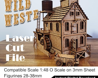 May include: Laser cut file for a wooden model of a Wild West mill building. The model is compatible with 1:48 O scale and is designed for use with 28-38mm figurines. The file is available in CDR, SVG, DXF, PDF, and AI formats.