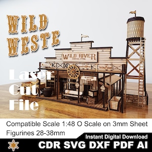 May include: A laser-cut wooden model of a Wild West town, featuring a general store, water tower, and other buildings. The model includes the text "Wild River" and "At Anytime Fresh". Compatible with 1:48 O scale figurines.