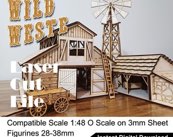 Wilder Westen Windmühle Bauernhof Ställe Getreidespeicher Haus Laser Cut Dateien SVG | DXF | CDR | Ich | Pdf | für Miniaturen O 28-35mm | 1/48 | Vektor