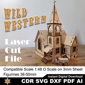 Op de afbeelding: Lasergesneden bestand voor een houten Wild West kerkgebouw. De kerk is compatibel met schaal 1:48 O en is ontworpen voor een 3 mm plaat. Het bestand is beschikbaar in de formaten CDR, SVG, DXF, PDF en AI. De figuren zijn 38-50 mm.