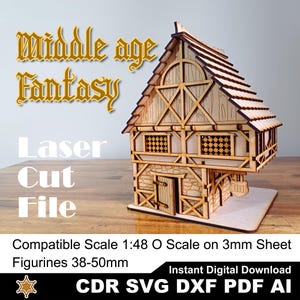 Fichiers laser moyen âge Fantasy Inn Hotel pour coupe SVG | DXF | RDC | IA | PDF | Chemin de fer à l'échelle O pour les miniatures 38 mm | 1/48 | Maison de poupée vectorielle