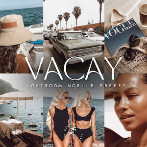 Peut inclure: Un collage d'images sur le thème des vacances. Comprend une femme sur un bateau portant un chapeau de pêcheur beige, une camionnette verte vintage, un magazine Vogue Travel, des lunettes de soleil et un chapeau de paille. Le mot "VACAY" est affiché en grandes lettres blanches.