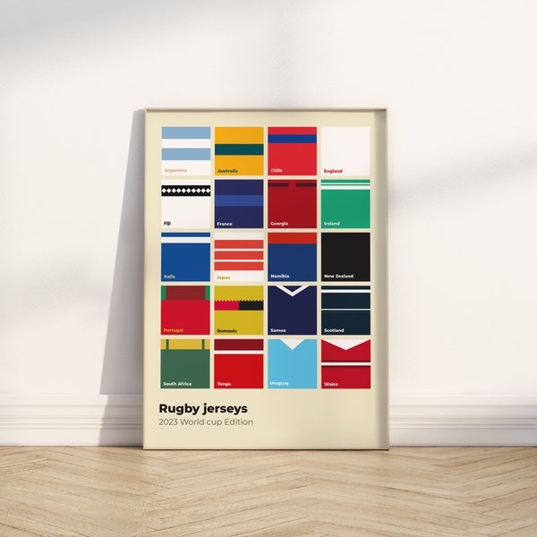 Poster minimaliste maillots de rugby - Coupe du monde - Affiche minimaliste rugby - décoration colorée - idée cadeau rugby