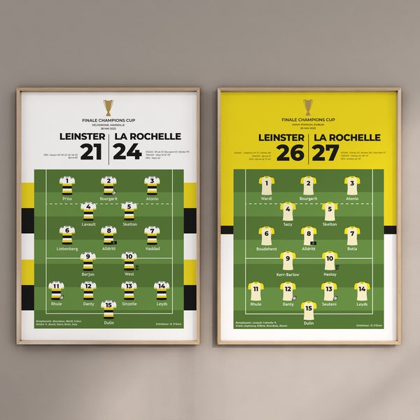 Lot de 2 posters La Rochelle Rugby - Feuilles de match Champions Cup 2022 et 2023 - Finales Leinster La Rochelle -Affiches décoratives Rugby