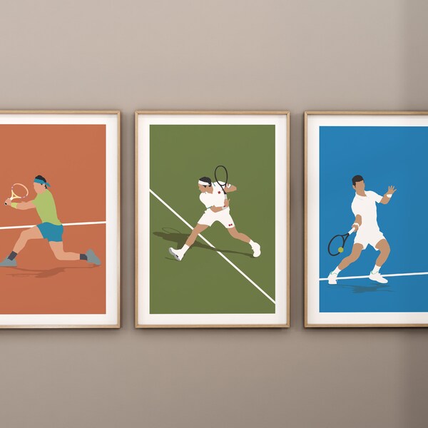 Lot of 3 posters Nadal, Djokovic, Federer - Tennis posters - Grand Slam, Grand Slam - Minimalist tennis decoration