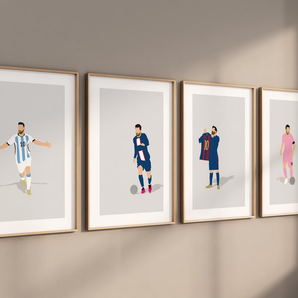 Lionel Messi - Set de 4 carteles de fútbol minimalistas - Argentina, Barcelona, Miami, París - Decoración de fútbol