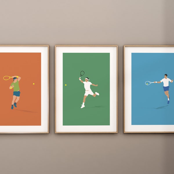 TENNIS GOATS - Lot 3 posters minimalistes Nadal, Djokovic, Federer - Grand Slam Tennis - Roland Garros, Wimbledon, US Open, Open Australie