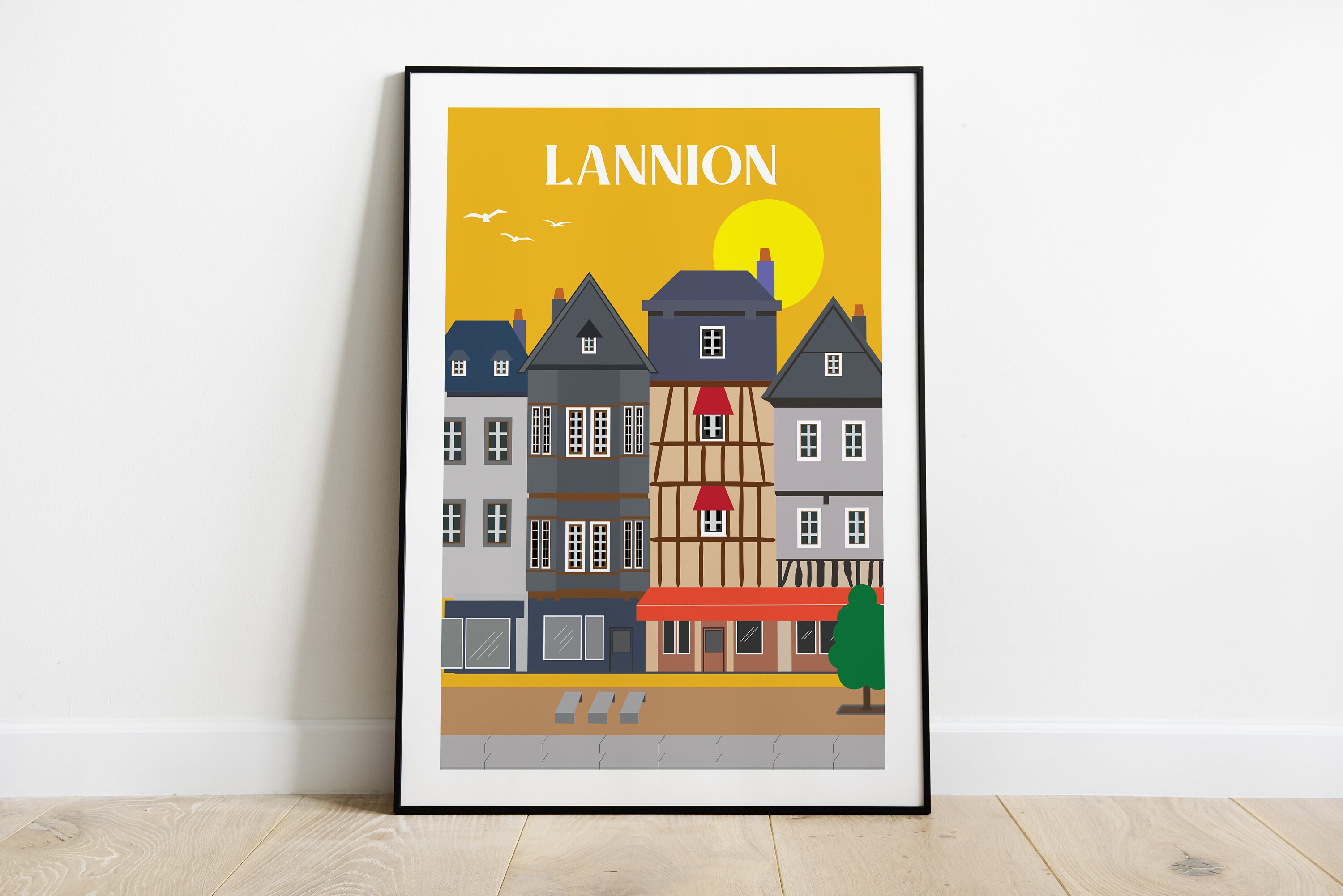 Affiche Poster Minimaliste Du Centre Ville de Lannion, Affiche Bretagne Colorée