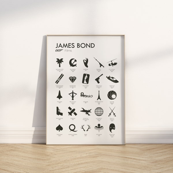 Affiche James Bond - Poster minimaliste film - cinéma, illustration minimaliste - Anglais/ Français - Décoration, idée cadeau