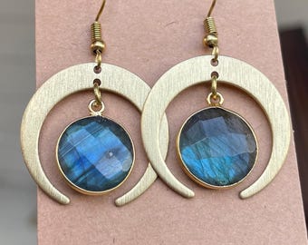 Celestial Labradorite Crystal  Earrings: Handcrafted Gold Brass | Labradorite Crescent Moon