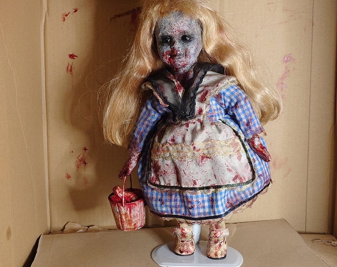 The Pig Farmers Daughter - OOAK Painted Horror Doll - Porcelain Doll With Stand - zombie