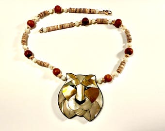 Lee Sands Lion Tiger Big Cat Parelmoer ingelegde hanger ketting