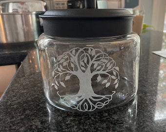 20 Oz Glass Canister Jar With Black Metal Lid. Hand Etched
