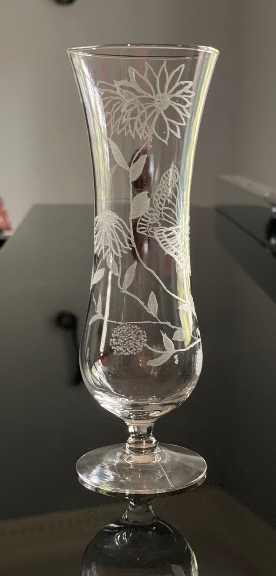 Glass Pedestal Bud Vase With Floral/butterfly Design Etsy