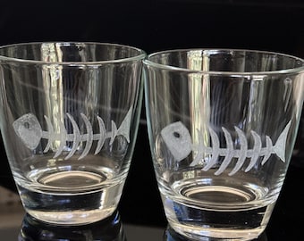 Vasos de whisky grabados - Cristalería cónica de fondo grueso con patrón de espina de pescado. 13 onzas líquidas