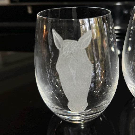Wine Glass Stemless 15 oz Tumbler - Hand Etched - Horse Face.
