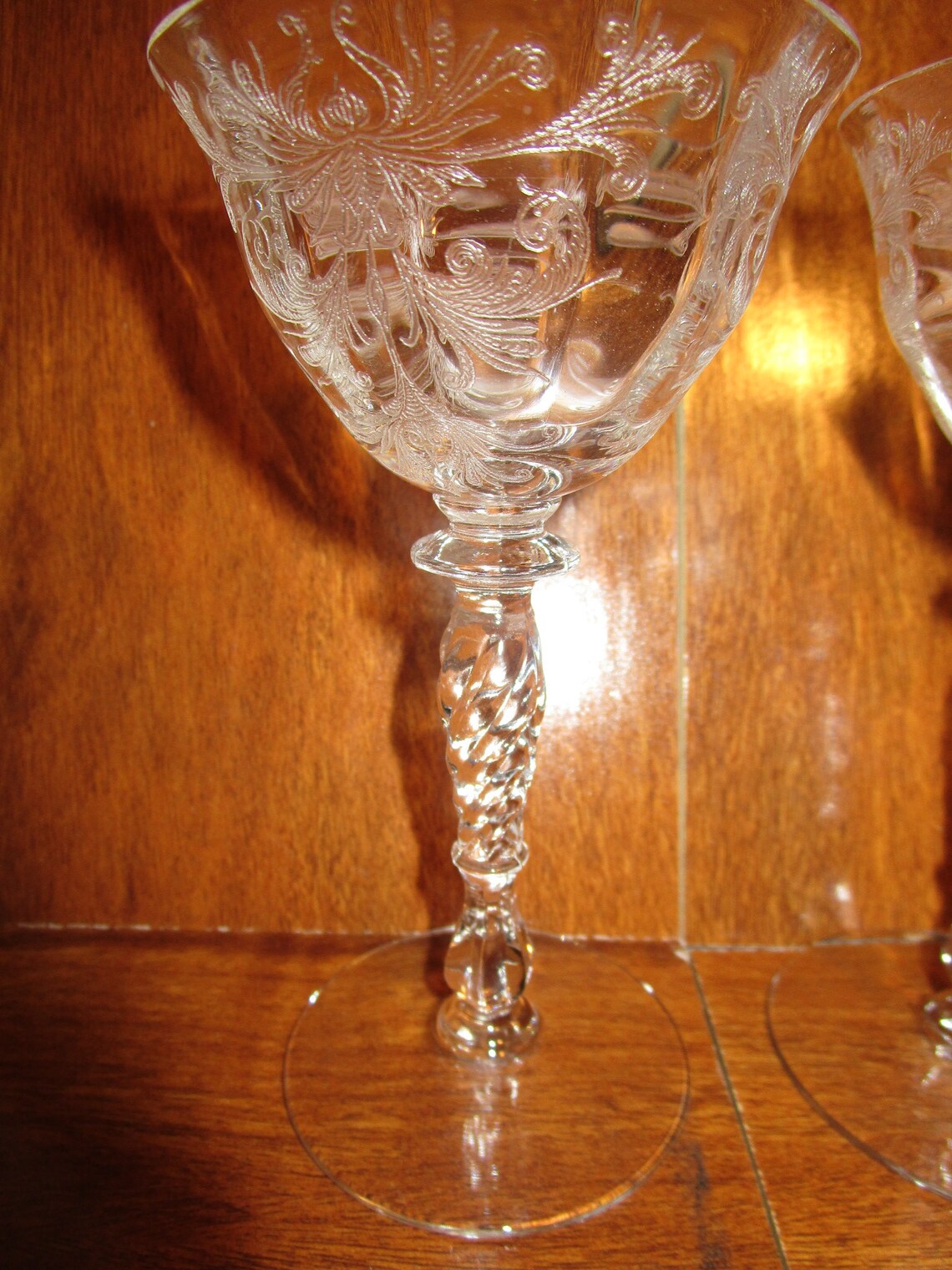 2 Fostoria Etched Wine Glasses Twist Stem Etsy