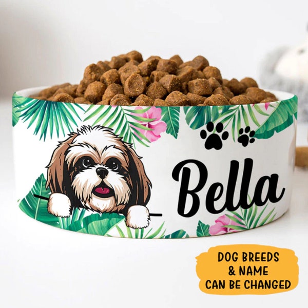 Custom Dog Bowls with Tropical Tree, Personalized Dog Bowl, New Dog Gift, Dog Food Bowl, Dog Water Bowl, Pet Bowl, Dog Lovers Gifts