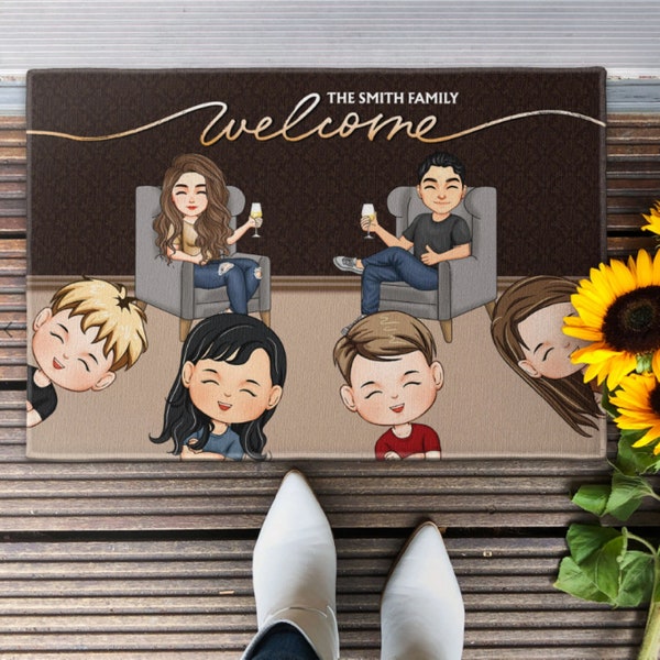 Tapis de porte d’entrée de noms de famille personnalisés, paillasson de bienvenue de couple, décoration intérieure, cadeau de pendaison de crémaillère, home sweet home, tapis familial, chibi personnalisé