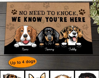 No Need To Knock We Know You Are Here, Personalized Dog Doormat, Funny Welcome Home Mat, Dog Entrance Mat, Welcome Mat, Housewarming Gift