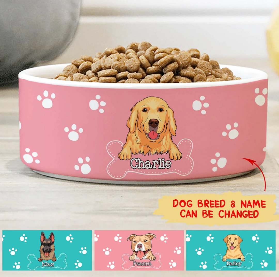 Colorful Dog Bowls With Name & Breeds Design, Ceramic Dog Bowls, New Dog Gift, Dogs Food Bowl