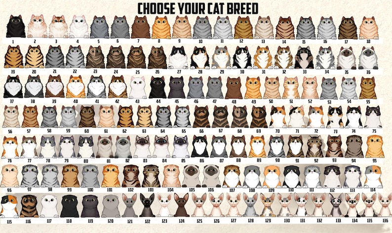 May include: A chart with 135 different cat breeds illustrated in cartoon style. Each cat is sitting and looking directly at the viewer. The chart is labeled "Choose Your Cat Breed".