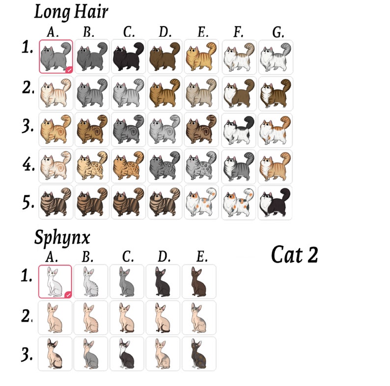 Puede incluir: Un gr&aacute;fico con im&aacute;genes de diferentes razas de gatos. La fila superior est&aacute; etiquetada como "Long Hair" y la fila inferior est&aacute; etiquetada como "Sphynx". Cada fila tiene cinco columnas etiquetadas de la A a la G. Cada celda contiene una imagen de dibujos animados de un gato. El gr&aacute;fico est&aacute; etiquetado como "Cat 2".