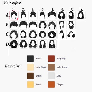 Puede incluir: Un gr&aacute;fico con 32 peinados diferentes para mujeres, etiquetados de la A a la D y del 1 al 8. El gr&aacute;fico tambi&eacute;n muestra 8 colores de cabello diferentes: negro, burdeos, rubio claro, casta&ntilde;o claro, casta&ntilde;o, gris, rubio y jengibre.