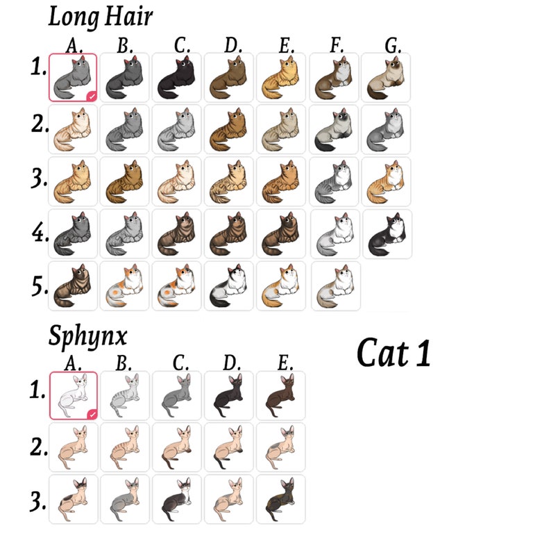 Puede incluir: Gr&aacute;fico de diferentes razas de gatos con pelo largo y gatos Sphynx. El gr&aacute;fico est&aacute; etiquetado con los n&uacute;meros del 1 al 5 y las letras de la A a la G. Los gatos son de varios colores y patrones.