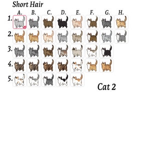 Puede incluir: Un gr&aacute;fico con 5 filas y 8 columnas de gatos de dibujos animados con pelo corto. Cada gato tiene un color y un patr&oacute;n diferente. El gr&aacute;fico est&aacute; etiquetado como "Pelo corto" y "Gato 2".