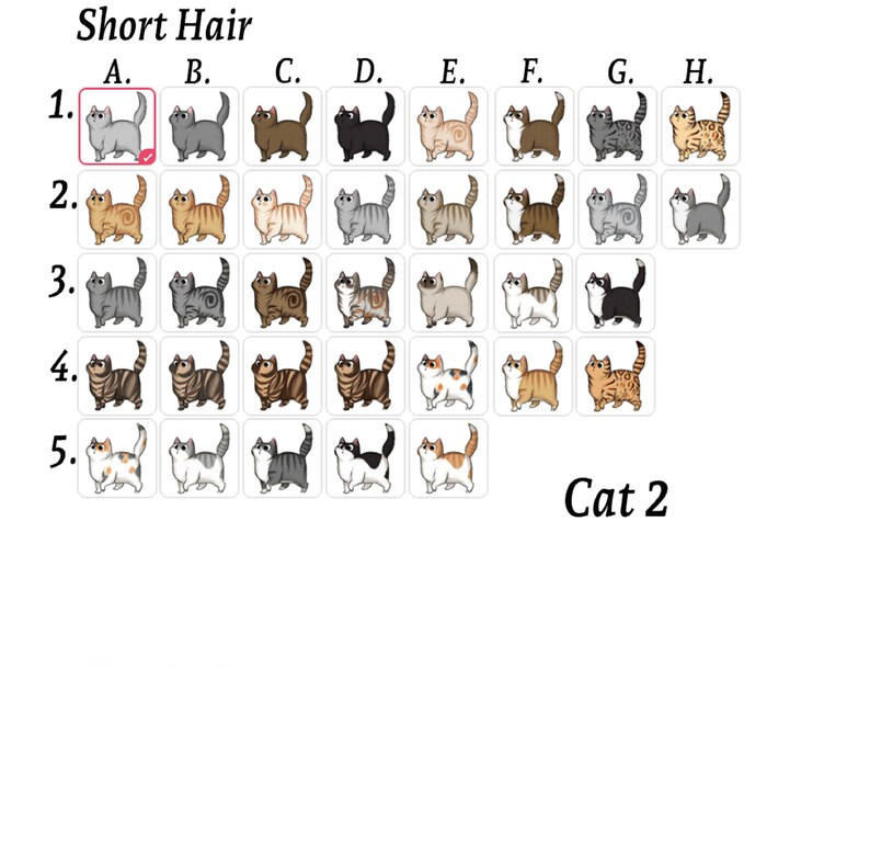 Puede incluir: Un gr&aacute;fico con 5 filas y 8 columnas de gatos de dibujos animados con pelo corto. Cada gato tiene un color y un patr&oacute;n diferente. El gr&aacute;fico est&aacute; etiquetado como "Pelo corto" y "Gato 2".
