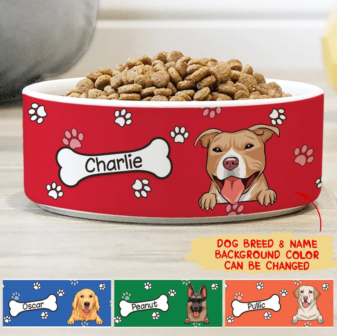 Colorful Dog Bowls With Name & Breeds Design, Personalized Dog Bowl