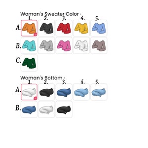 Puede incluir: Un gr&aacute;fico con diferentes opciones de color para un su&eacute;ter y una parte inferior para mujer. Las opciones de su&eacute;ter incluyen naranja, negro, rojo, amarillo, azul, turquesa, gris, rosa, blanco y marr&oacute;n. Las opciones de parte inferior incluyen blanco, negro, azul y gris.