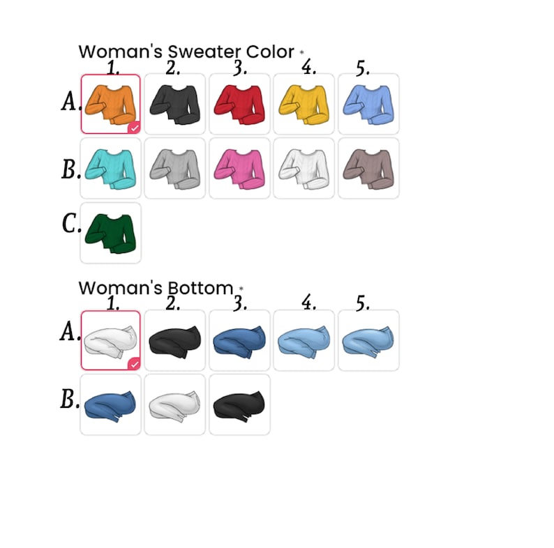 Puede incluir: Un gr&aacute;fico con diferentes opciones de color para un su&eacute;ter y una parte inferior para mujer. Las opciones de su&eacute;ter incluyen naranja, negro, rojo, amarillo, azul, turquesa, gris, rosa, blanco y marr&oacute;n. Las opciones de parte inferior incluyen blanco, negro, azul y gris.