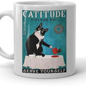 Personalisierte lustige Retro CaTitu Coffee Company Serve Yourself Katzenbecher, Black Cat Coffee Company Becher, Mama Becher, Papa Geschenk für Tierliebhaber